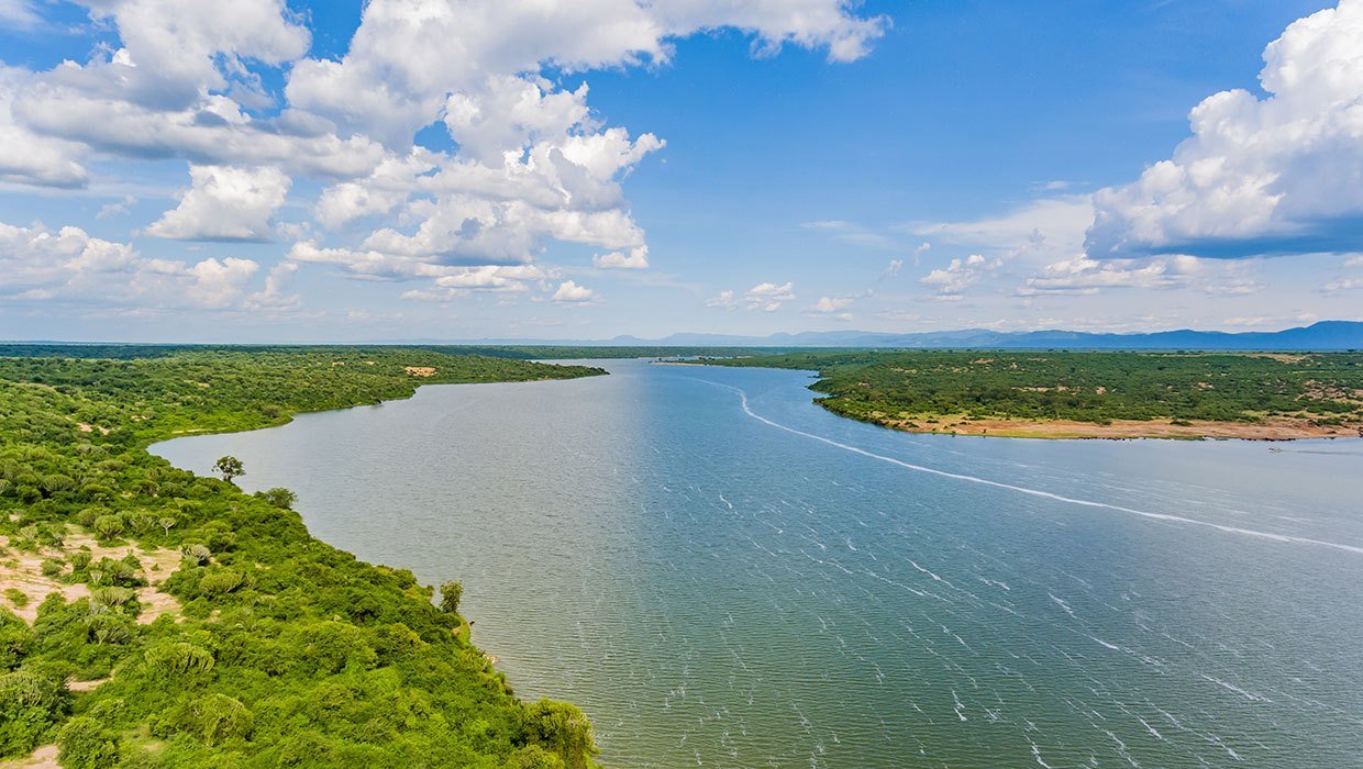 Kazinga Channel aerial view Queen Elizabeth National Park Uganda safari